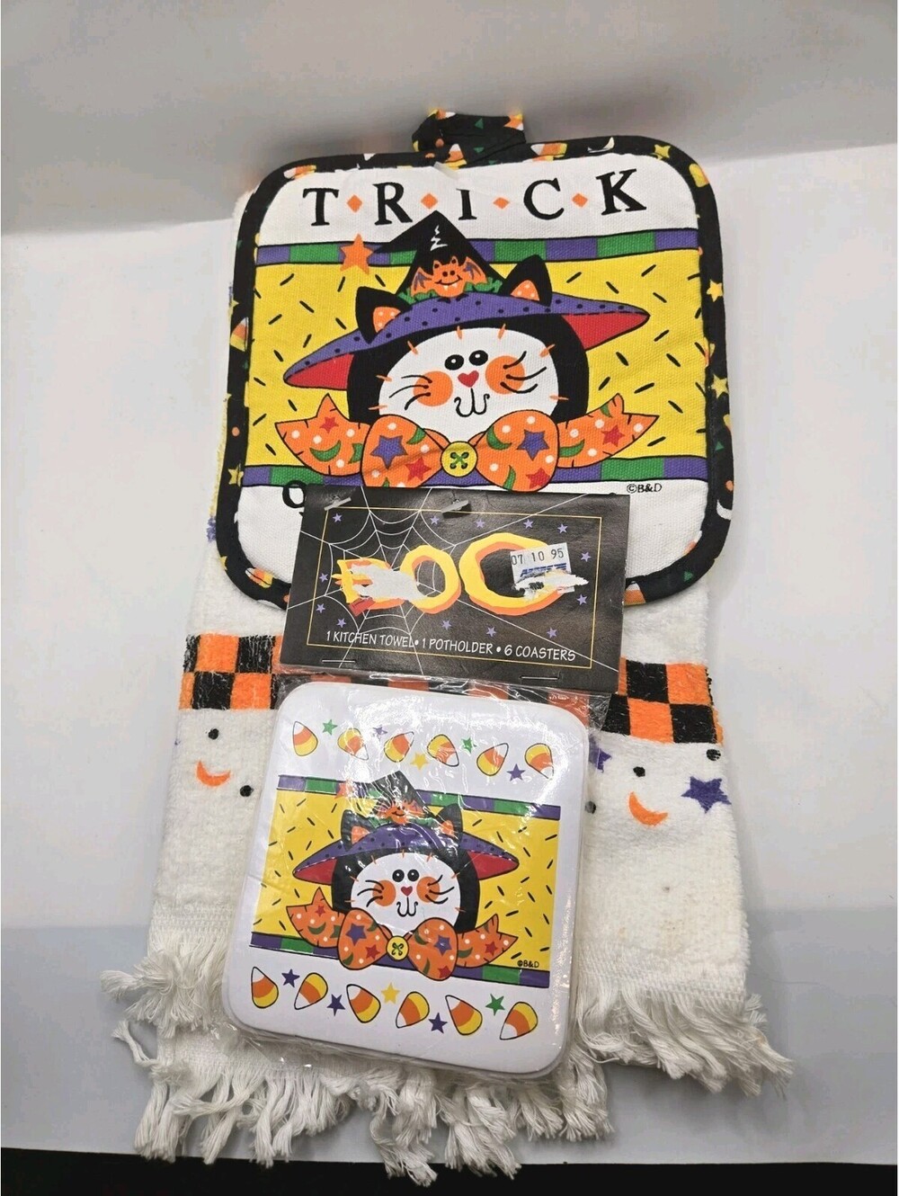 Vintage 90s B&D Halloween Kitchen Towel Potholder Coasters New Sealed Set Cat